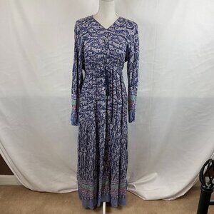 Few Moda Maxi Dress L Blue White Mint Magenta Floral Paisley V-Neck Long Sleeve